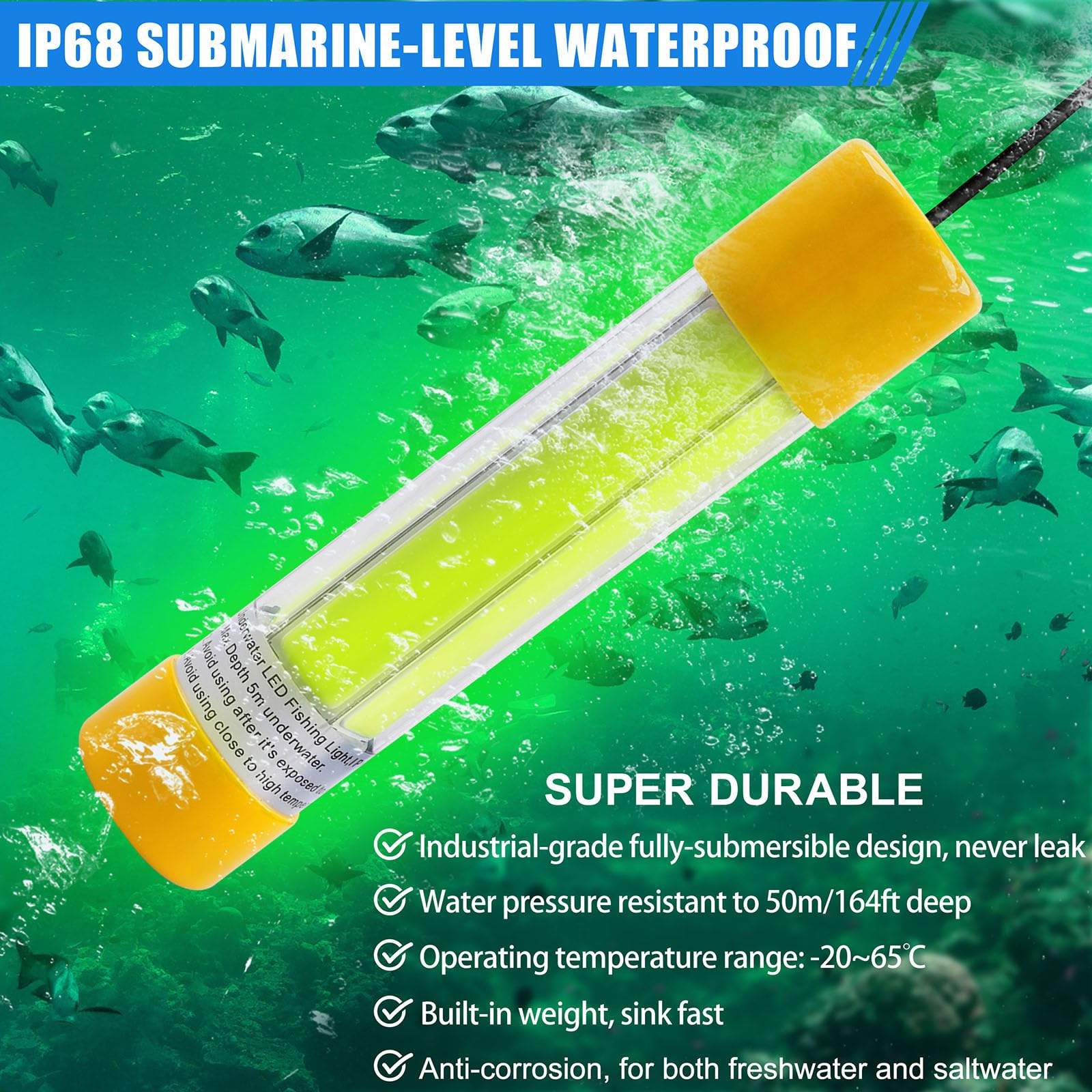 Light submerged in water attracting fish