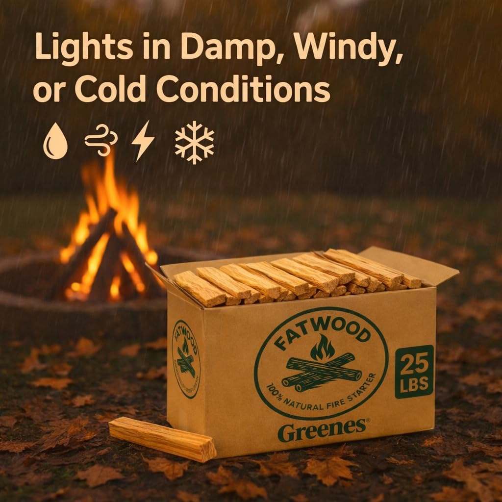 Greenes Fence Fatwood Fire Starter 25lb box ready to light.