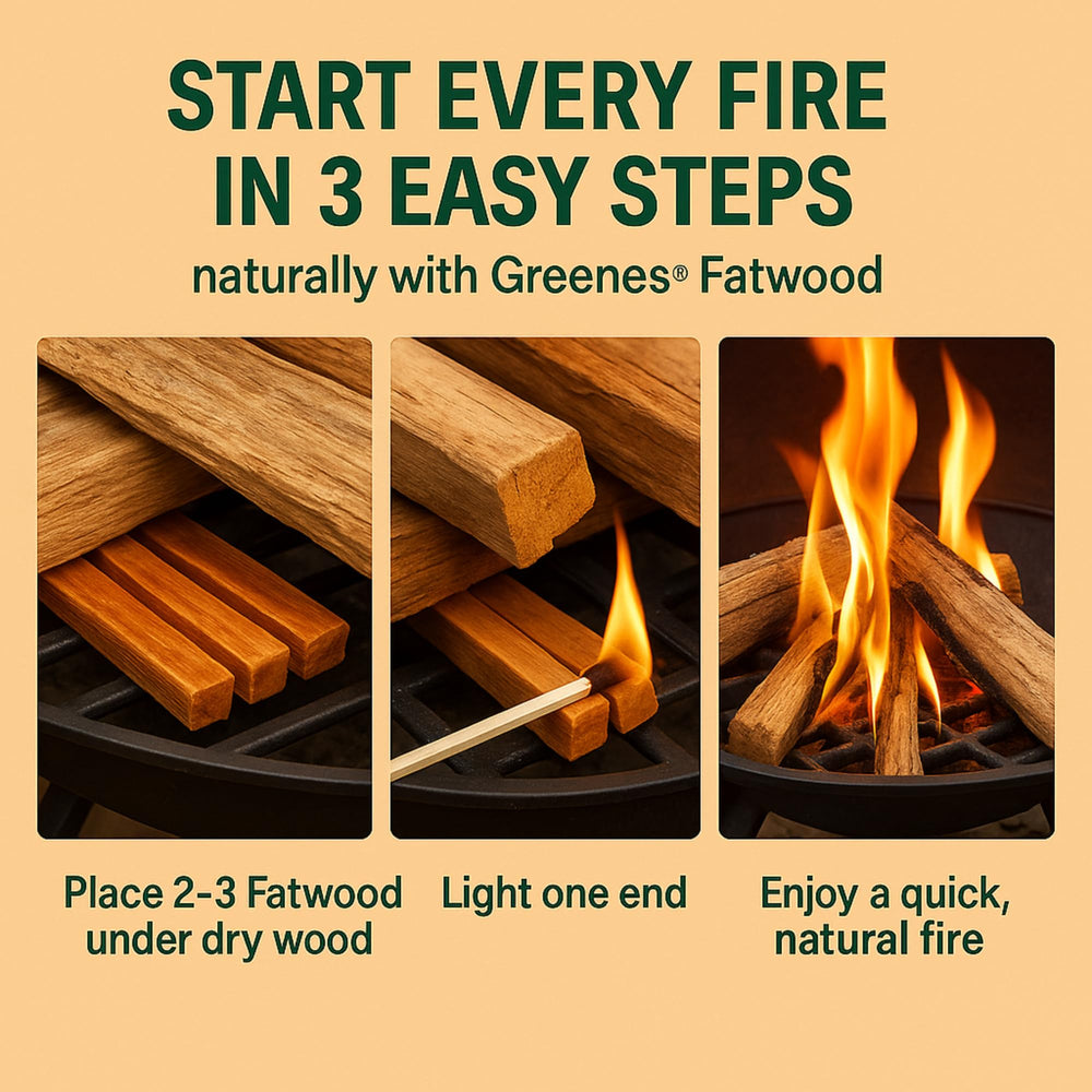 Greenes Fence Fatwood packaging highlights sustainable sourcing.