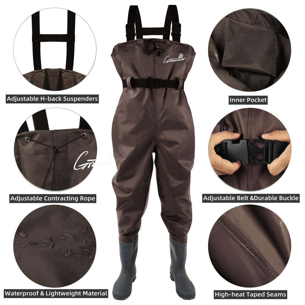 GREENWATER bootfoot waders with adjustable suspenders for easy on/off.