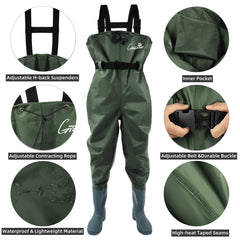 Greenwater chest waders with boots side strap detail for easy on/off
