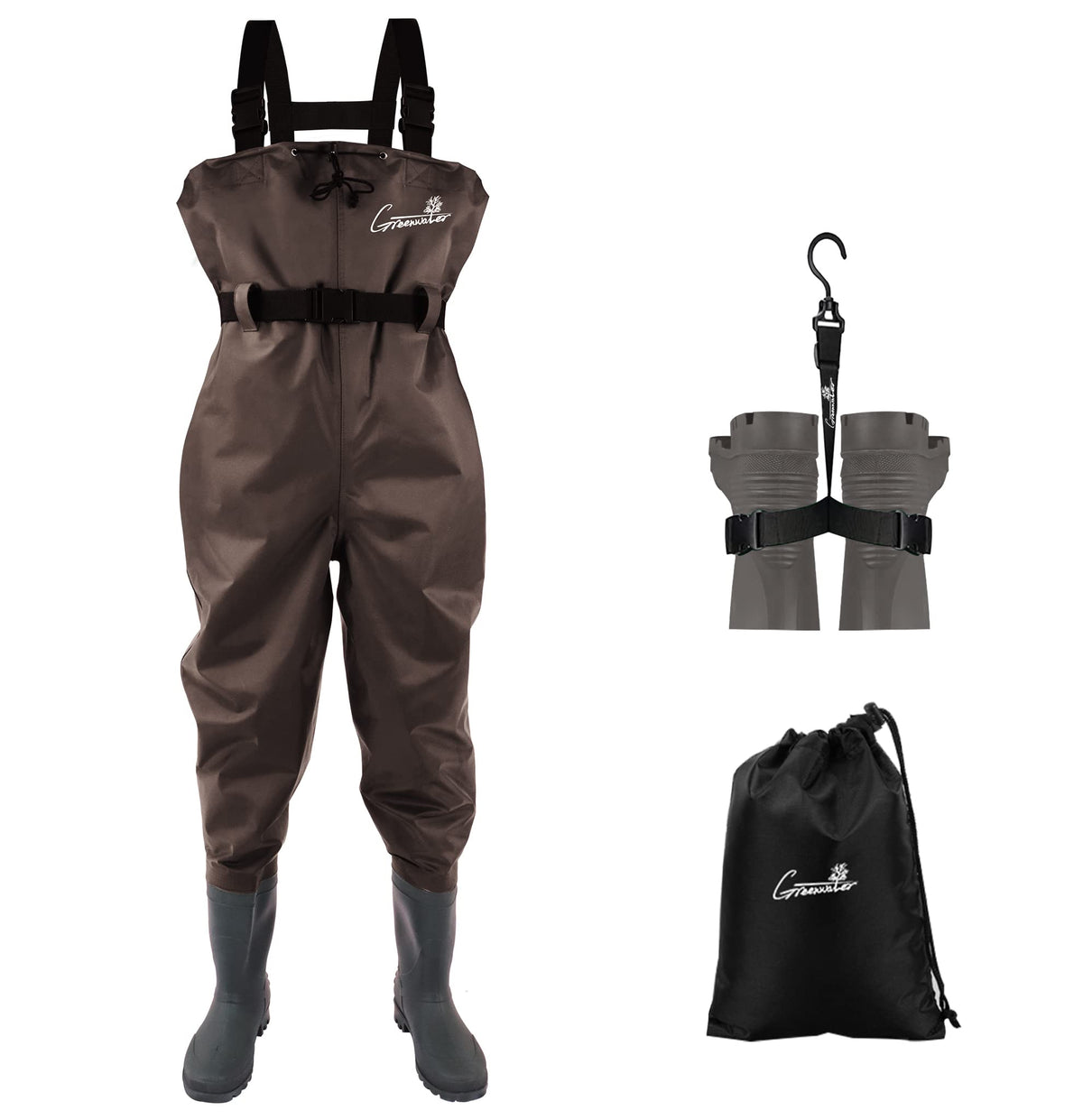 Greenwater fishing chest waders with brown boots worn for anglers.