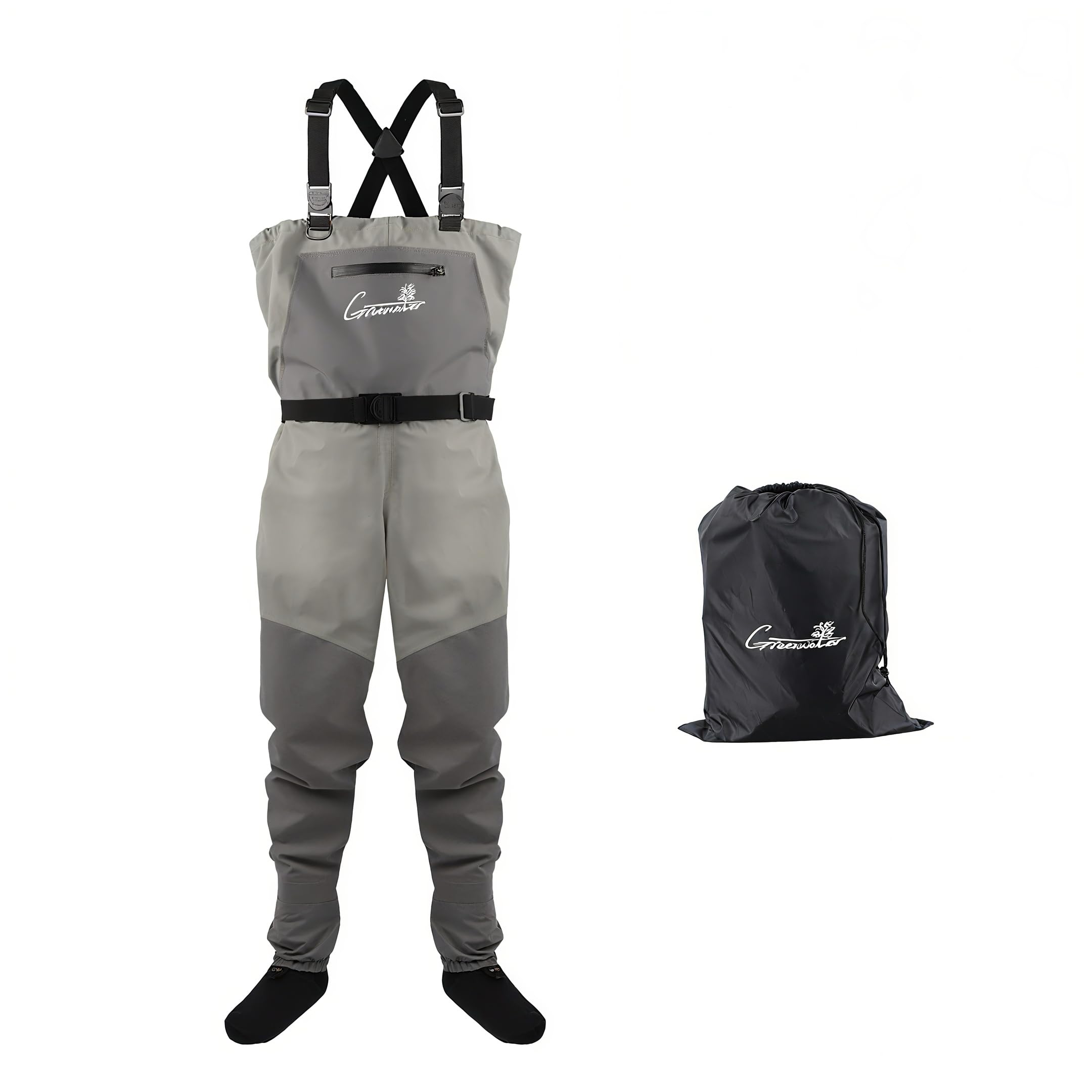 GREENWATER fly fishing waders XXL gray front view for breathable all-day wear