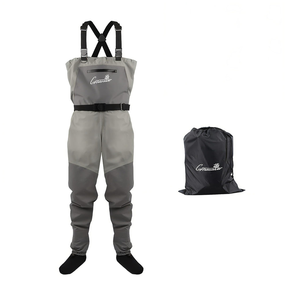 GREENWATER fly fishing waders XXL gray front view for breathable all-day wear