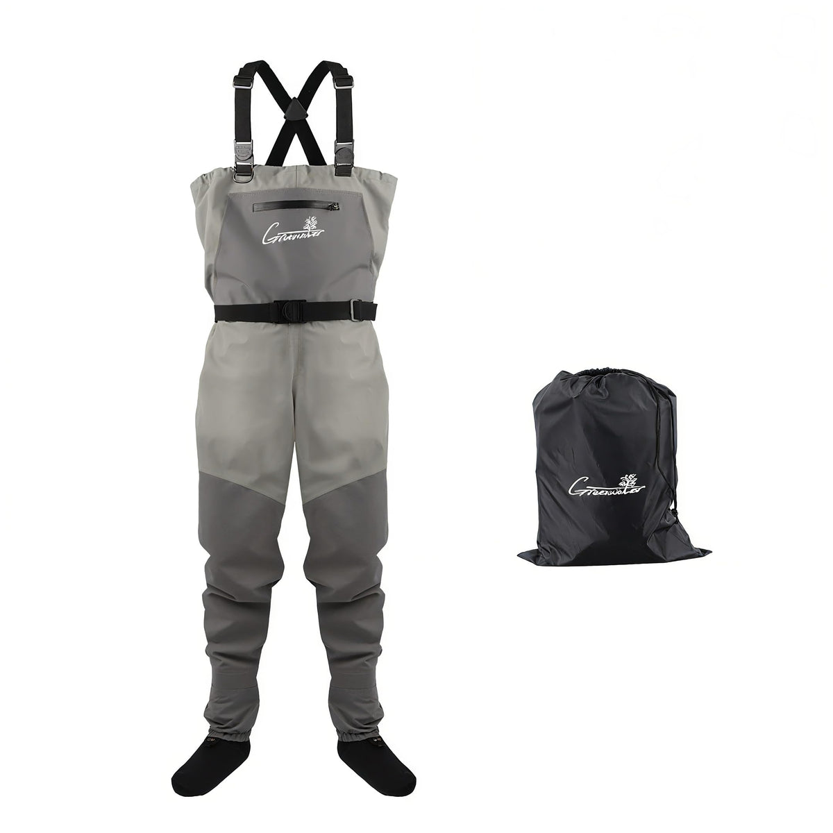 GREENWATER fly fishing waders XXL gray front view for breathable all-day wear
