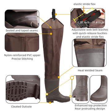 GREENWATER hip waders with cleated bottom provide steady footing in slick banks