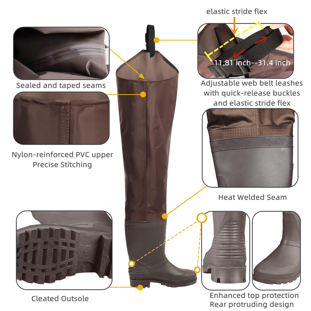 GREENWATER hip waders with cleated bottom provide steady footing in slick banks