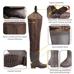 GREENWATER hip waders with cleated bottom provide steady footing in slick banks