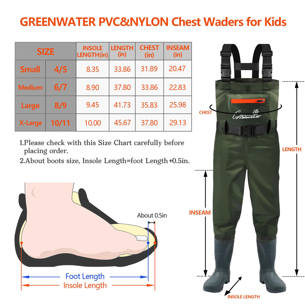 GREENWATER Kids chest waders adjustable straps illustrate easy on-off design.