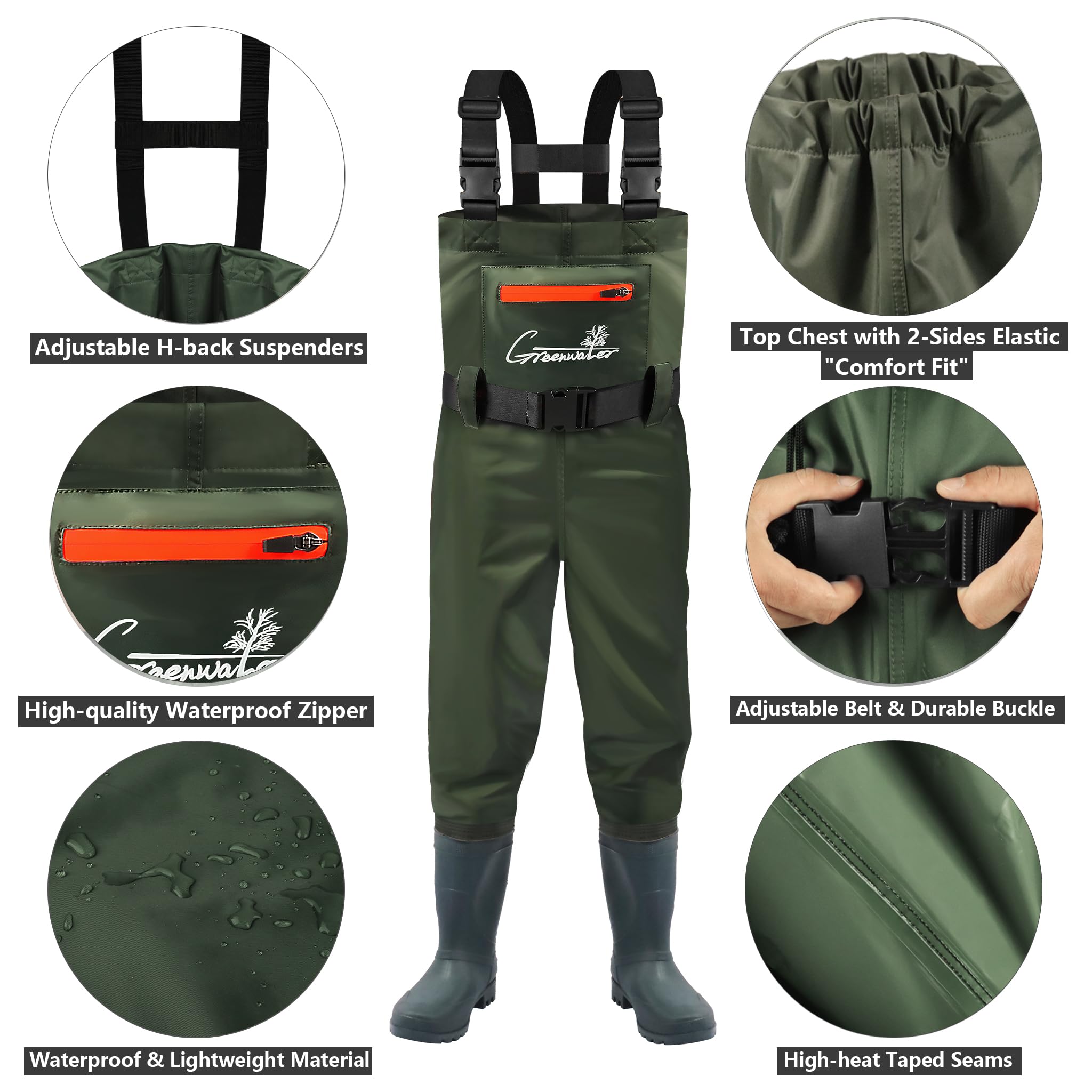 GREENWATER chest waders boot bottom shows sturdy boots for splashy river adventures.