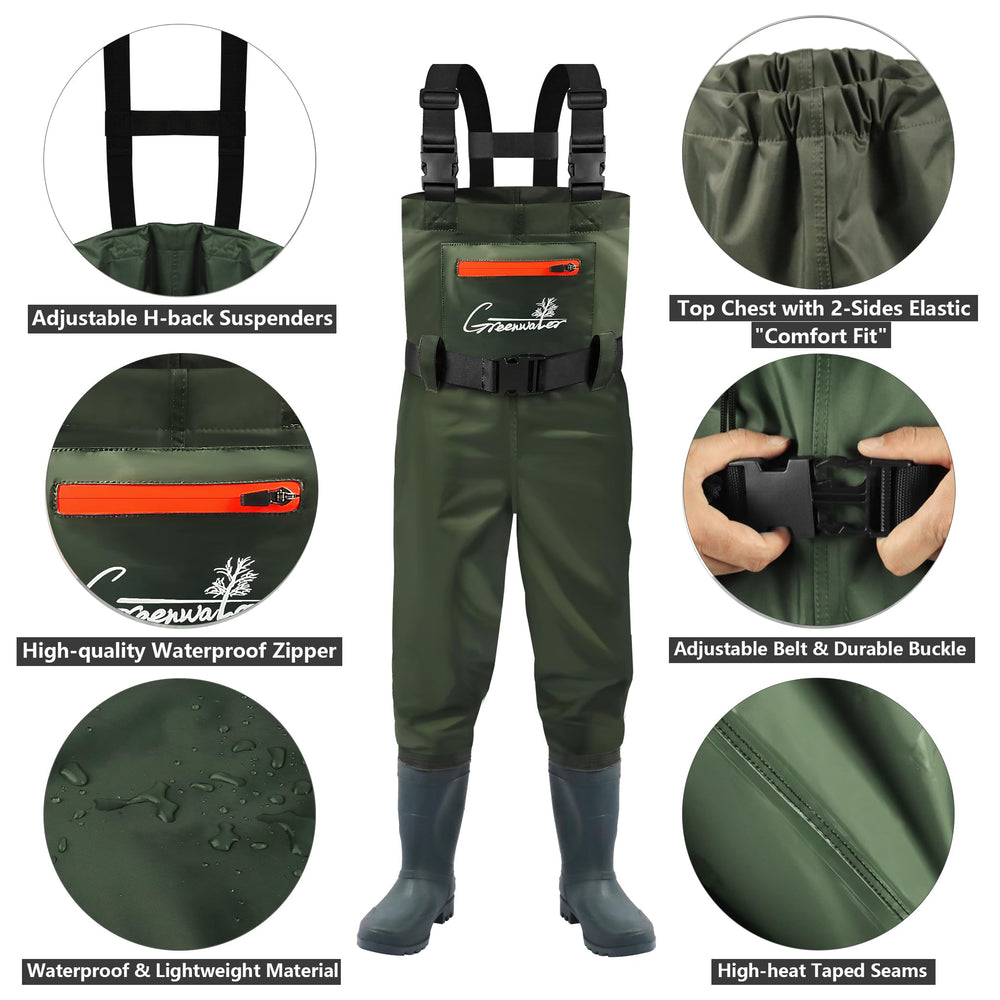 GREENWATER chest waders boot bottom shows sturdy boots for splashy river adventures.