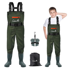 GREENWATER Kids chest waders front view show waterproof construction for young anglers.