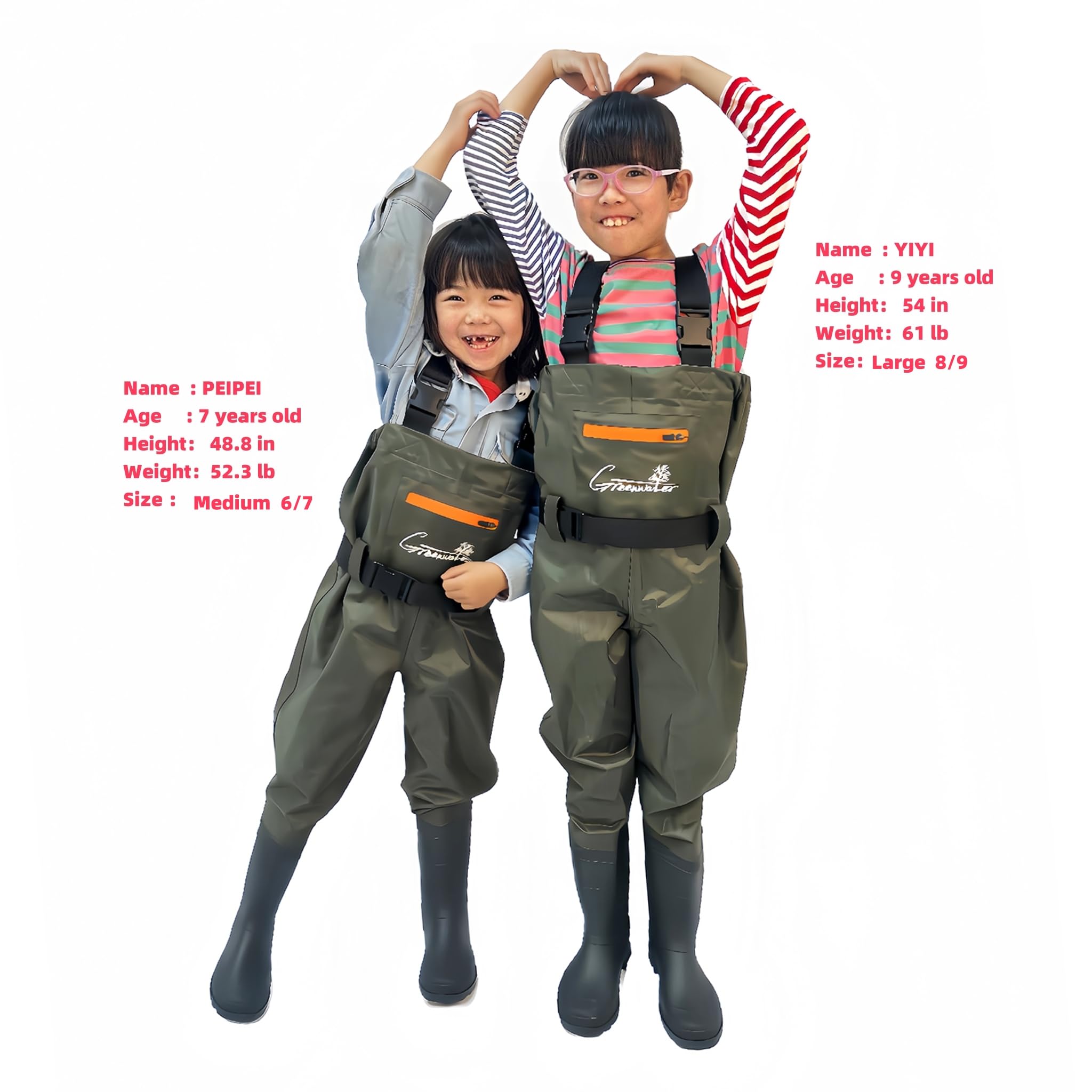 GREENWATER Kids chest waders boot hanger and bag included for dry storage.