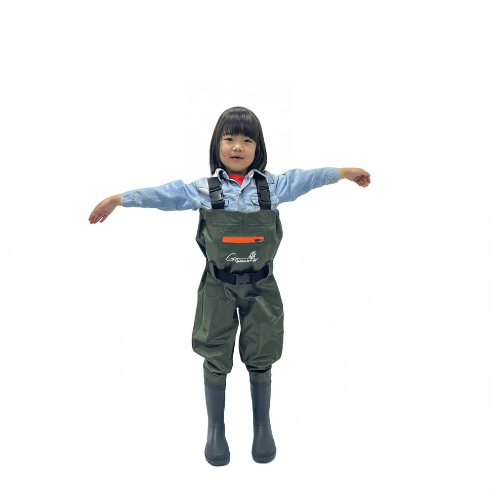 GREENWATER Kids chest waders in use outdoors highlight family-friendly fishing.