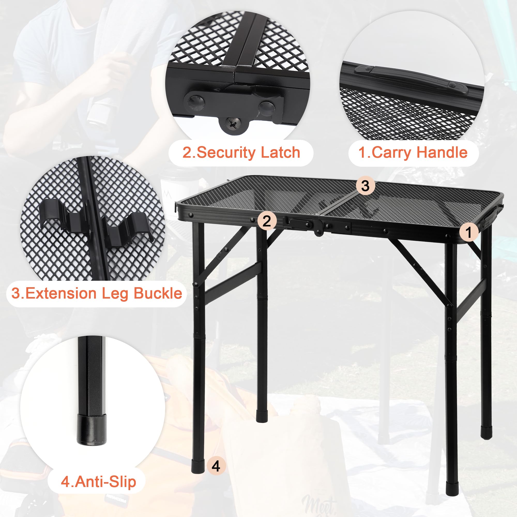 GREGIN camping table durable-90-lbs communicates strong weight support for grills and gear.