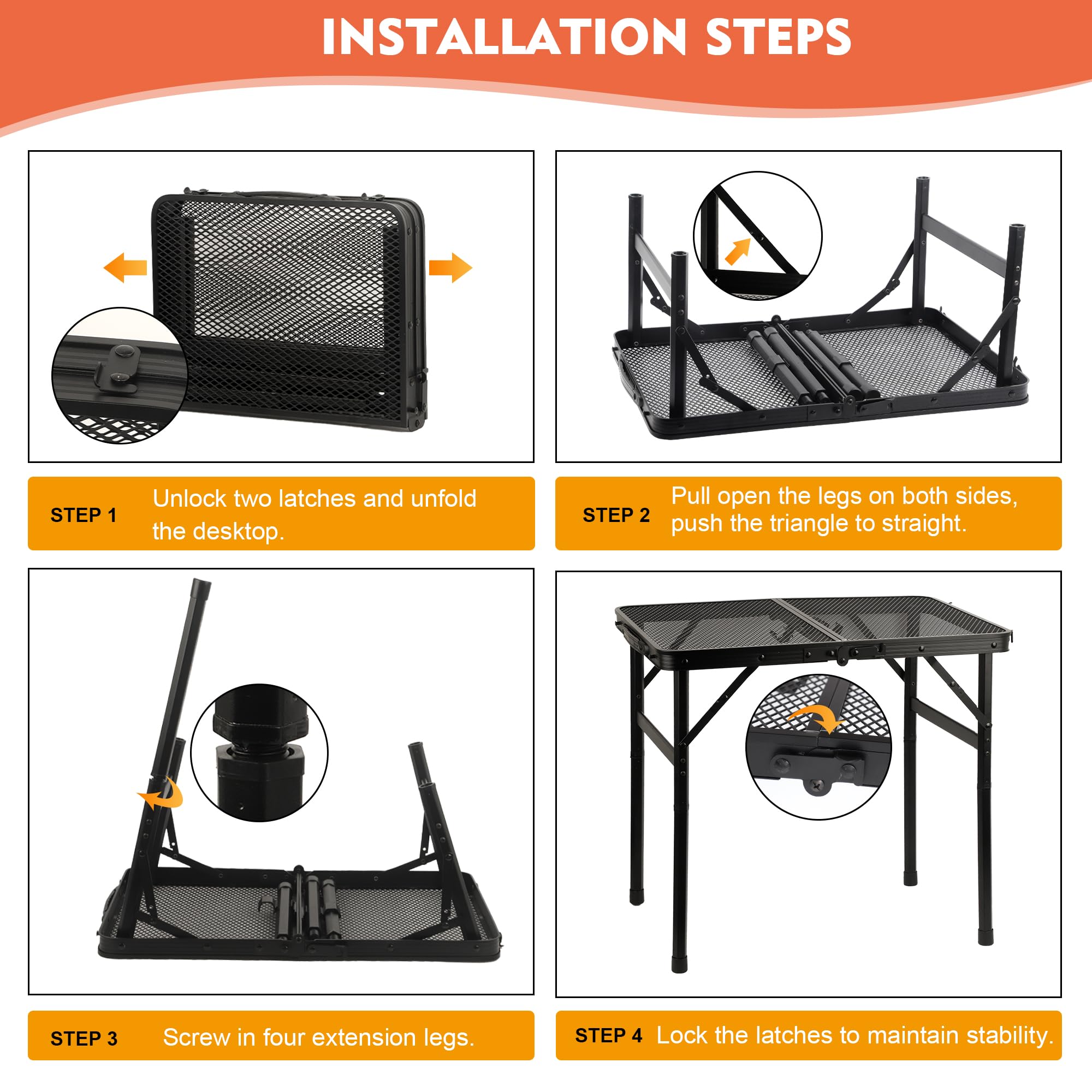 GREGIN camping table easy-clean emphasizes a rust-resistant mesh top for spill cleanup.
