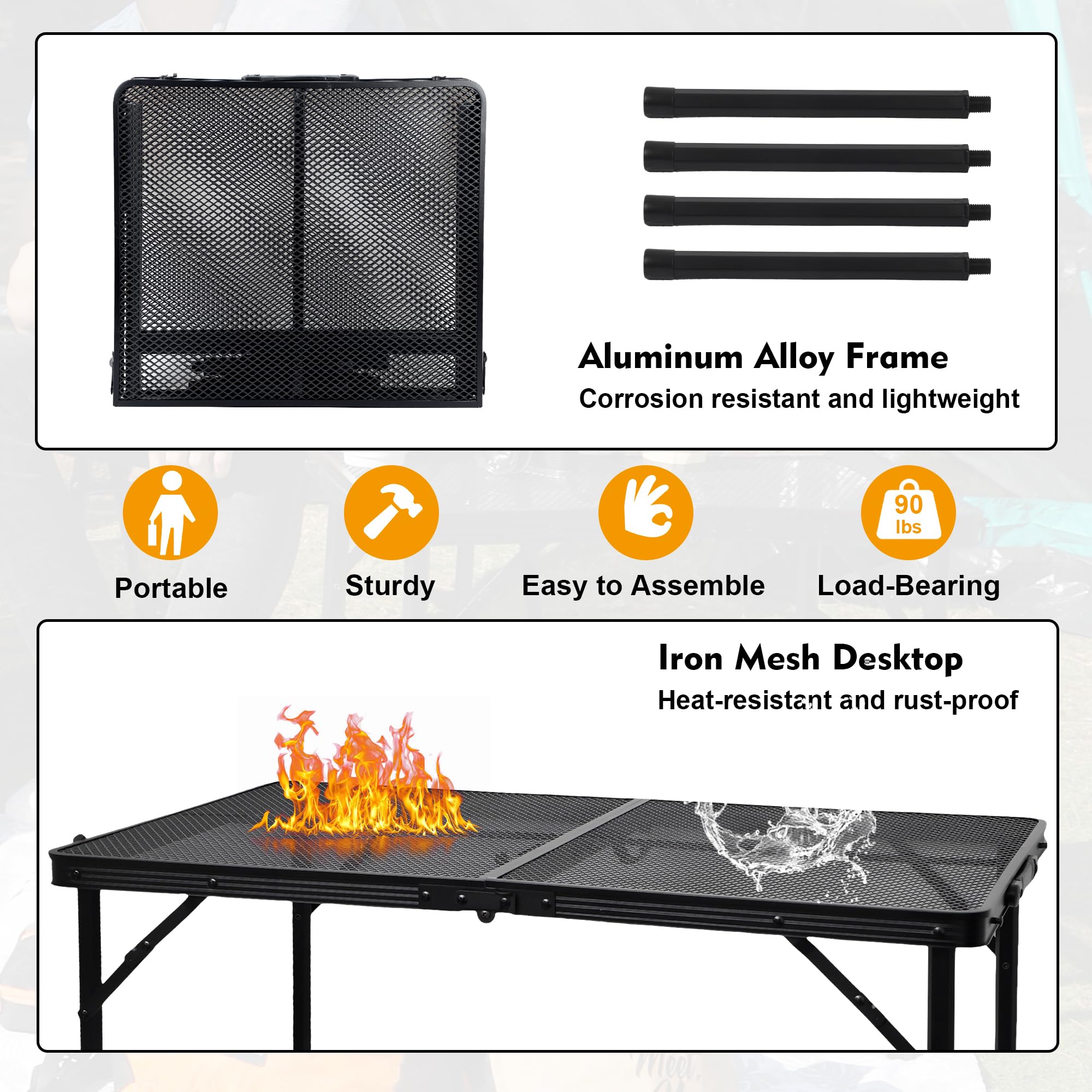 GREGIN camping table height-adjustment mechanism shown for flexible setup