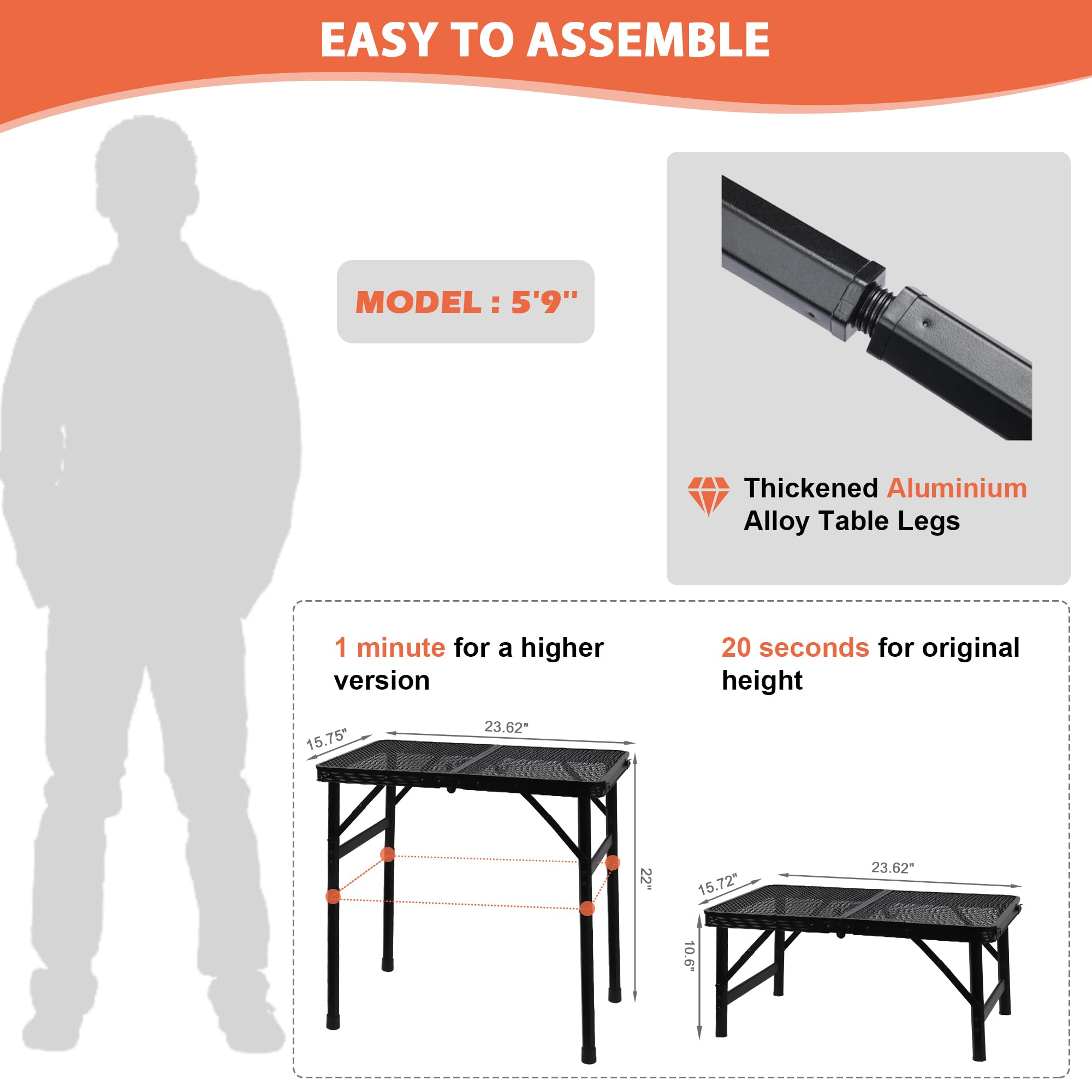 GREGIN camping table height-adjustment demonstrates customizable height for seating and cooking.