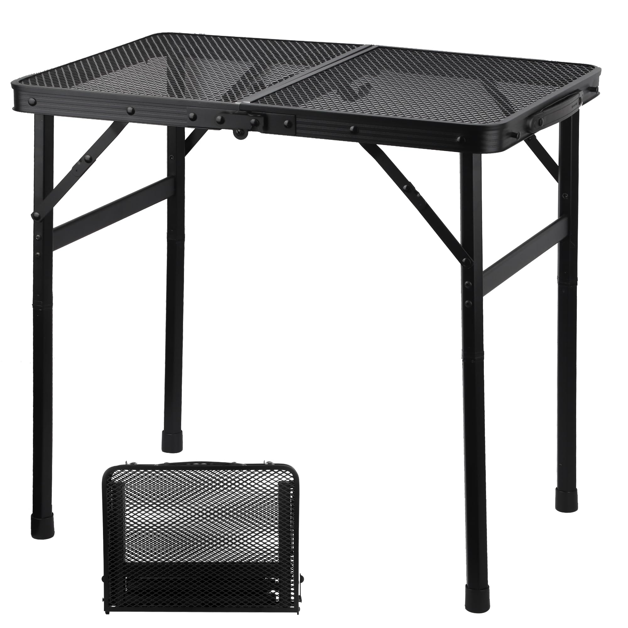 GREGIN camping table with mesh desktop shows durable outdoor setup and prep space.