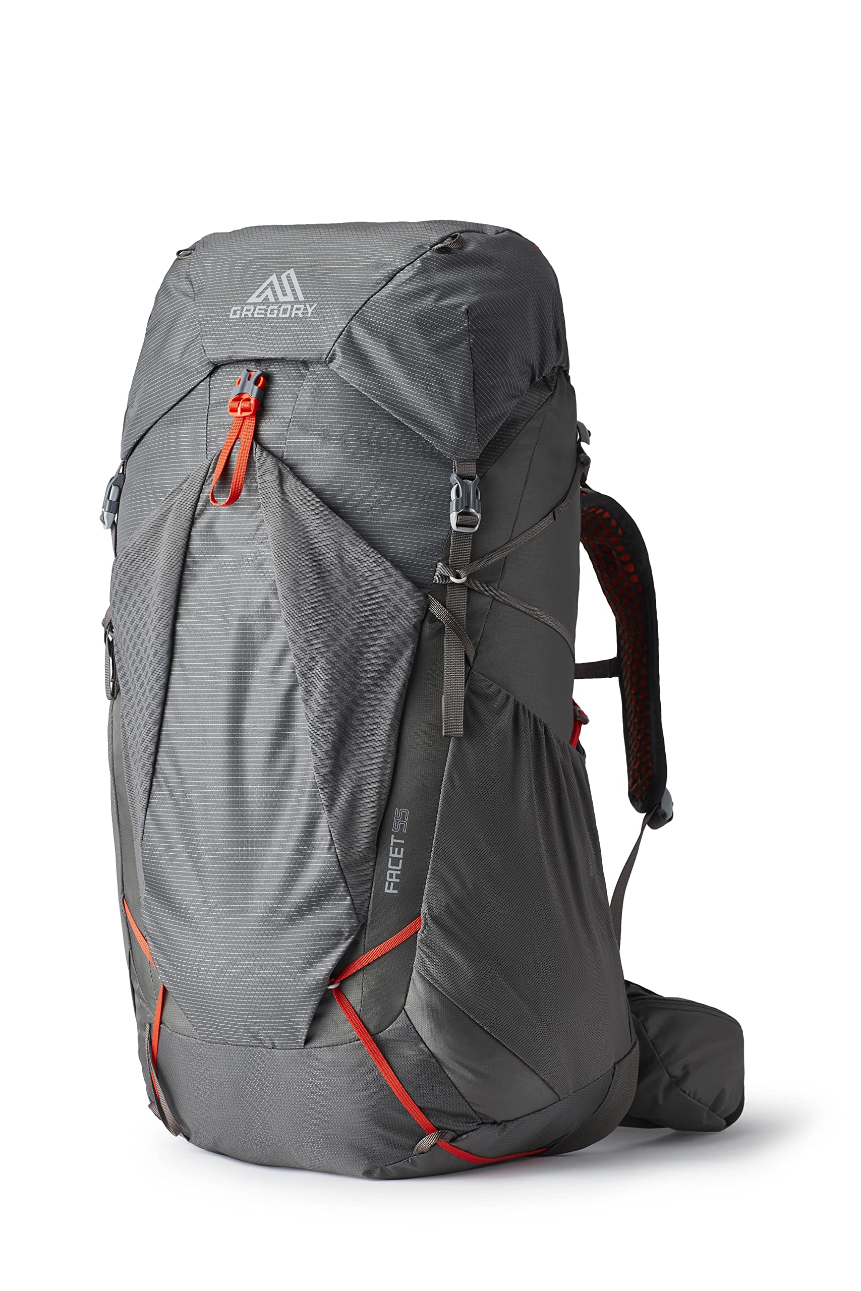 Gregory Facet 55L backpack, sunset grey front view, breathable backpanel for comfort.