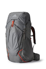Gregory Facet 55L backpack, sunset grey front view, breathable backpanel for comfort.