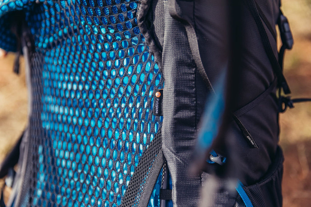 Gregory Focal 58L ultralight aluminum frame supports load with minimal weight.