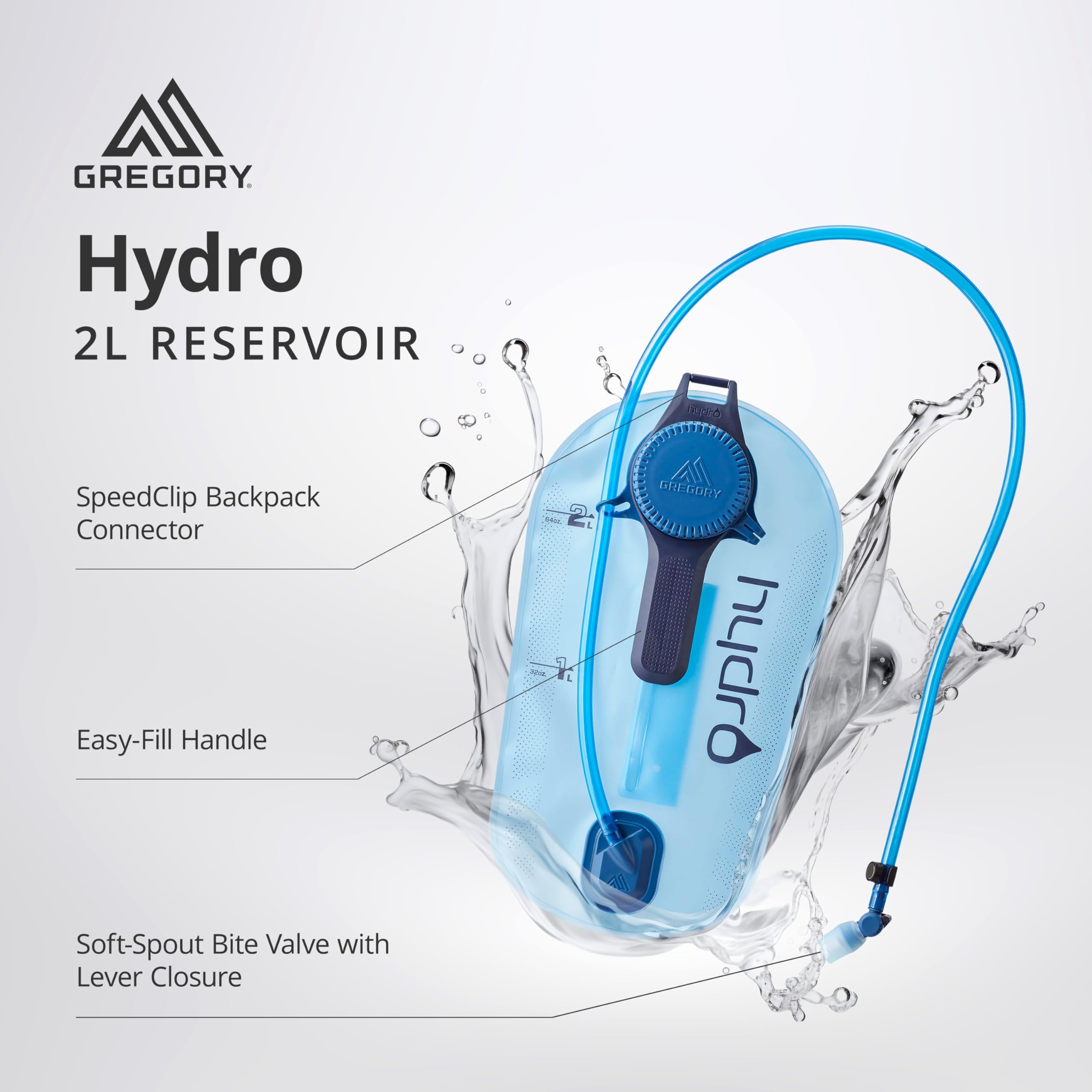 Gregory Hydro 2L reservoir leak-proof cap keeps water secure during hikes.