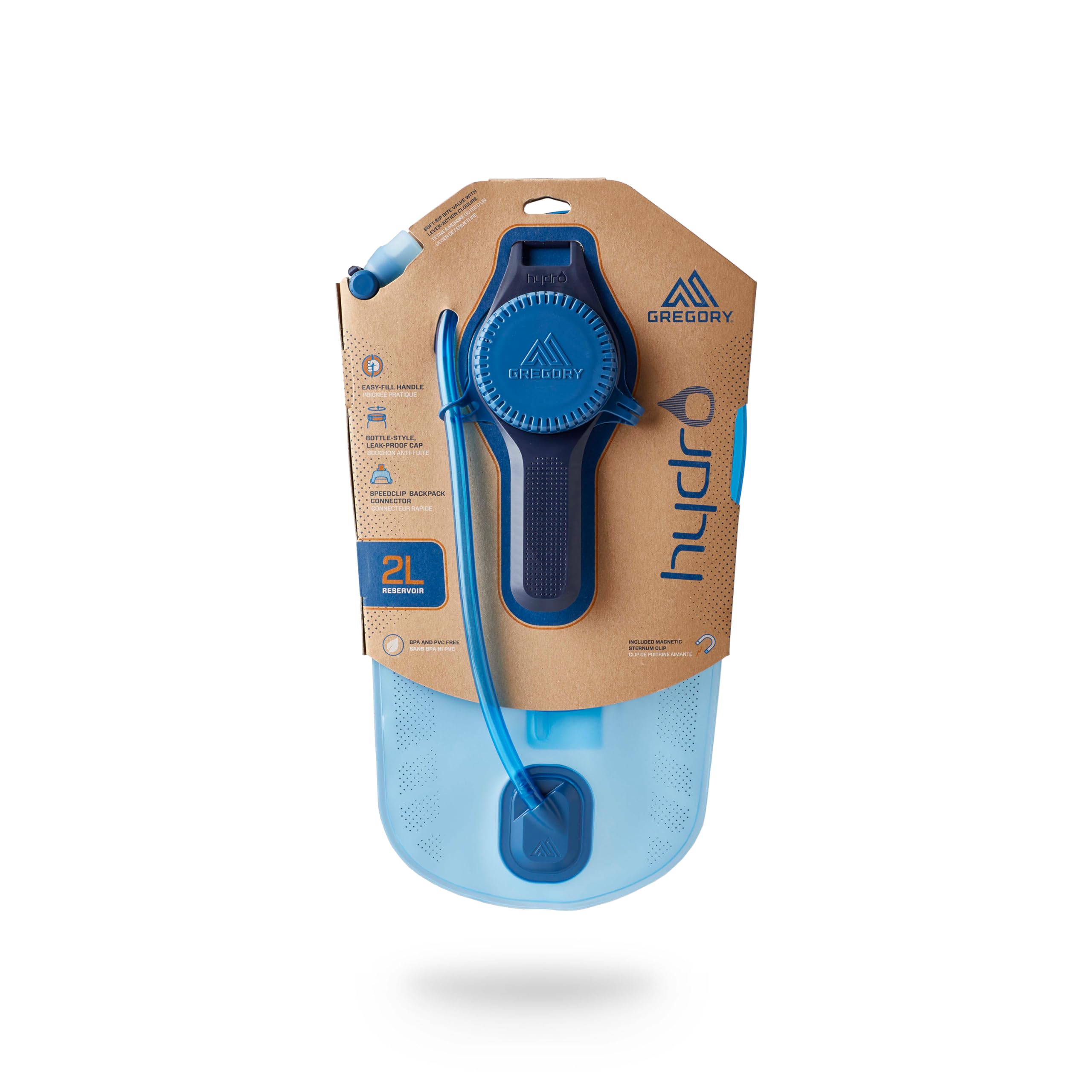 Gregory Hydro 2L reservoir featuring SpeedClip connector for one-handed pack attachment.