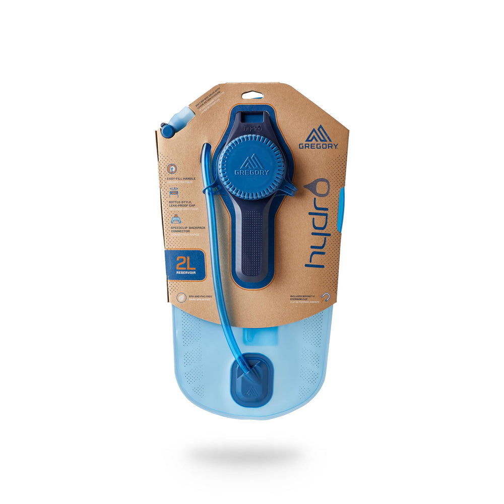 Gregory Hydro 2L reservoir featuring SpeedClip connector for one-handed pack attachment.