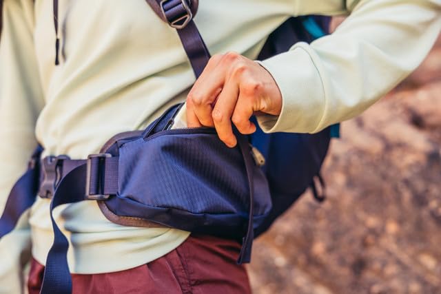 Gregory Jade 28LT ruby-red hip belt provides secure load control on hikes.