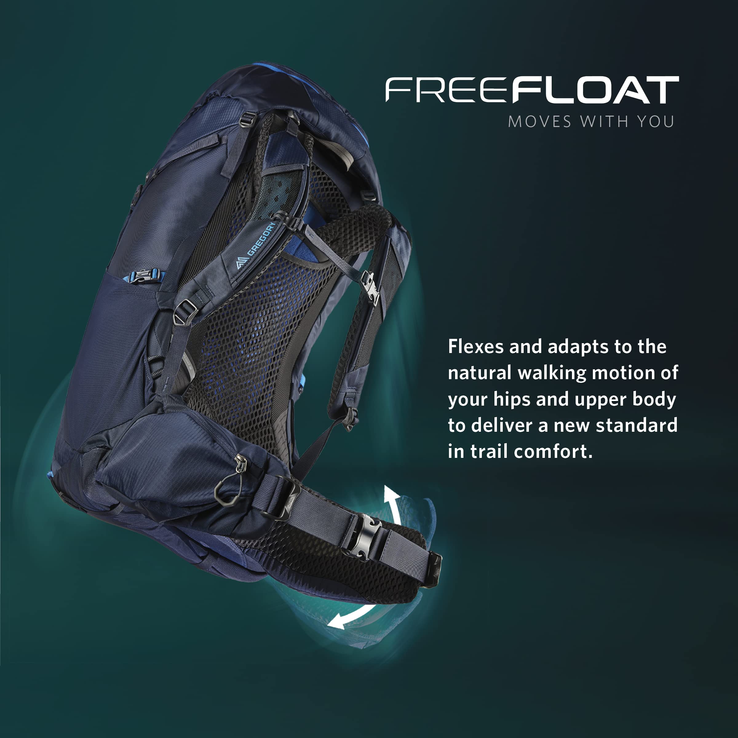 Gregory Jade 43L 3D hipbelt conforming padding supports heavy loads on rough terrain