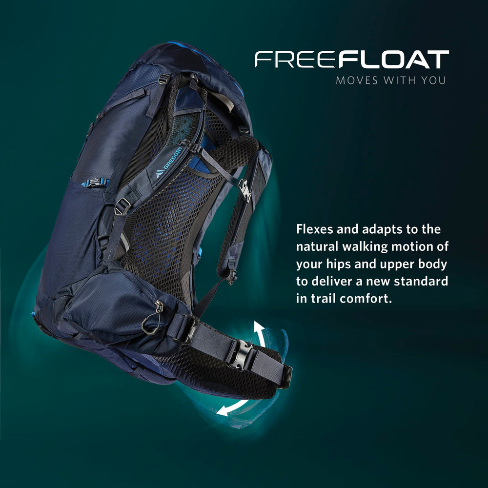 Gregory Jade 43L 3D hipbelt conforming padding supports heavy loads on rough terrain