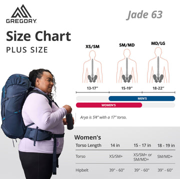 Gregory Jade 63L plus-size-fit demonstrates extended straps for larger body types.