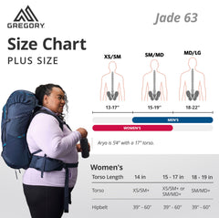 Gregory Jade 63L plus-size-fit demonstrates extended straps for larger body types.