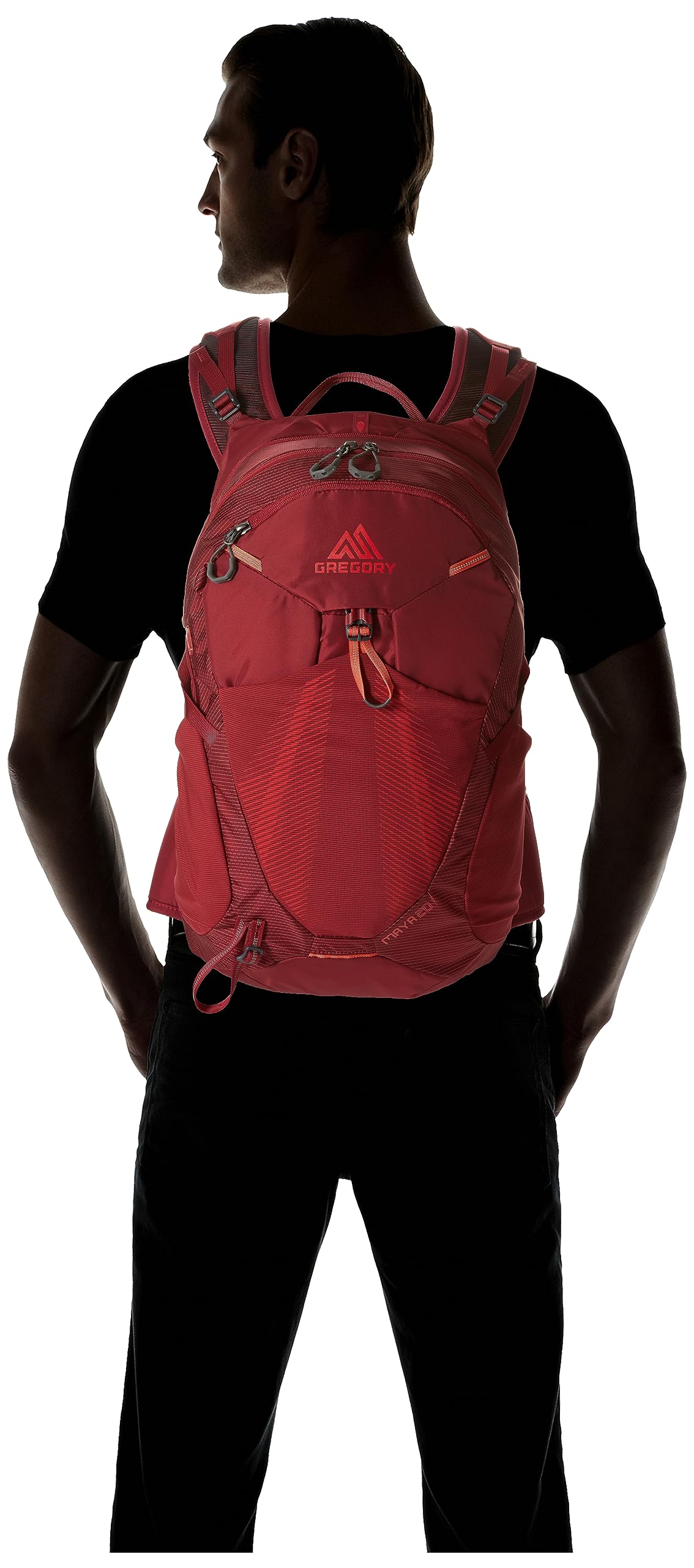 Gregory Maya 20 Plus iris red back panel highlights breathable back panel for hot days.