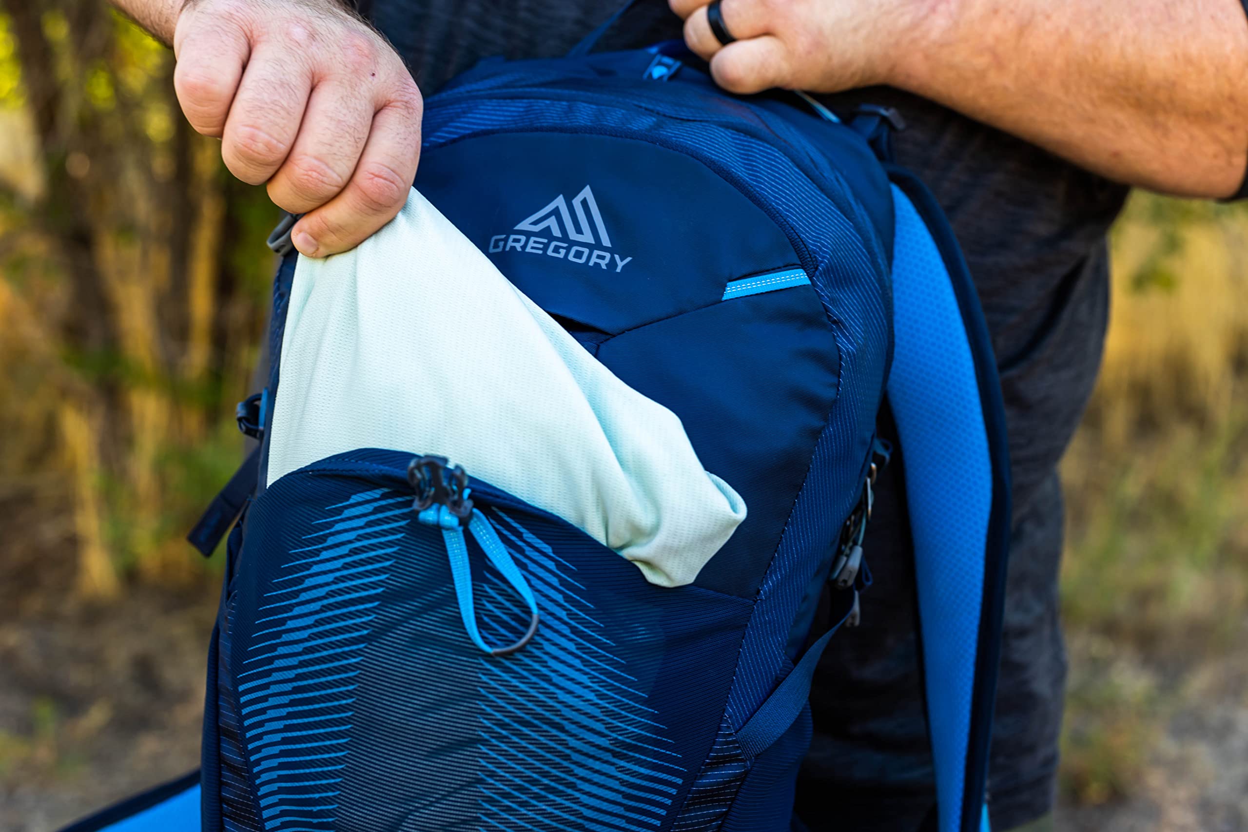 Top access pocket on Gregory Miko 20L for rapid retrieval on the trail