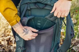 Gregory Paragon 70L On-The-Go pocket stores essentials for quick access.