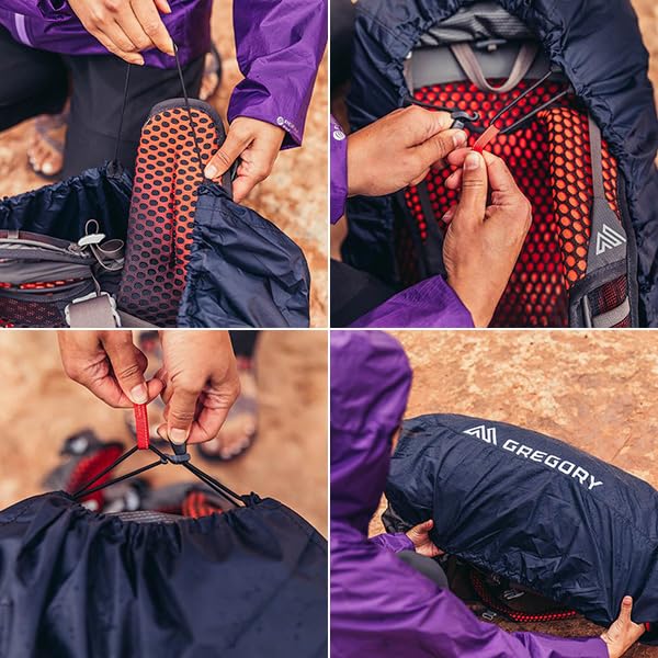Gregory Raincover elastic drawcord with hooks secures above the harness for tidy fit.