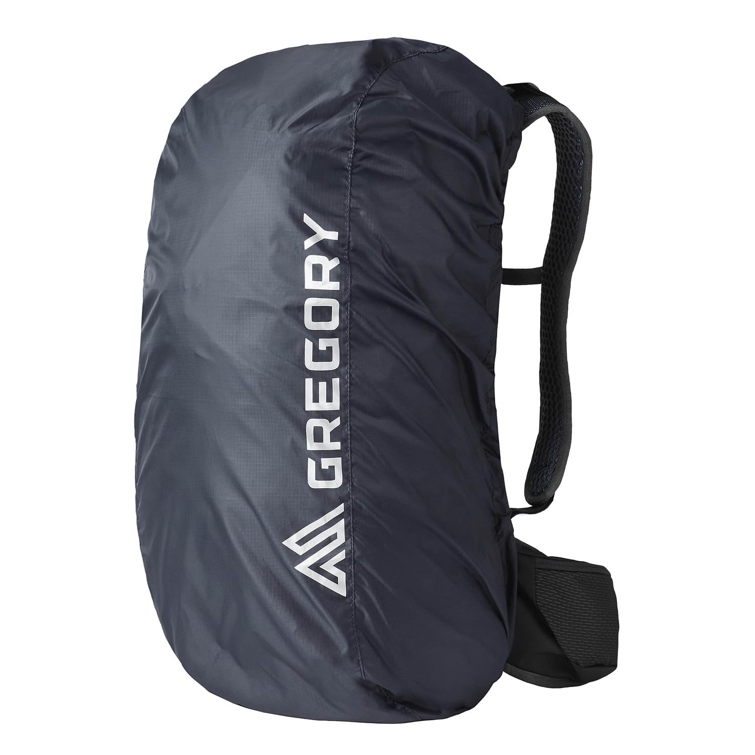 Gregory raincover on obsidian-black pack, weather-ready protection.