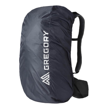 Gregory raincover on obsidian-black pack, weather-ready protection.