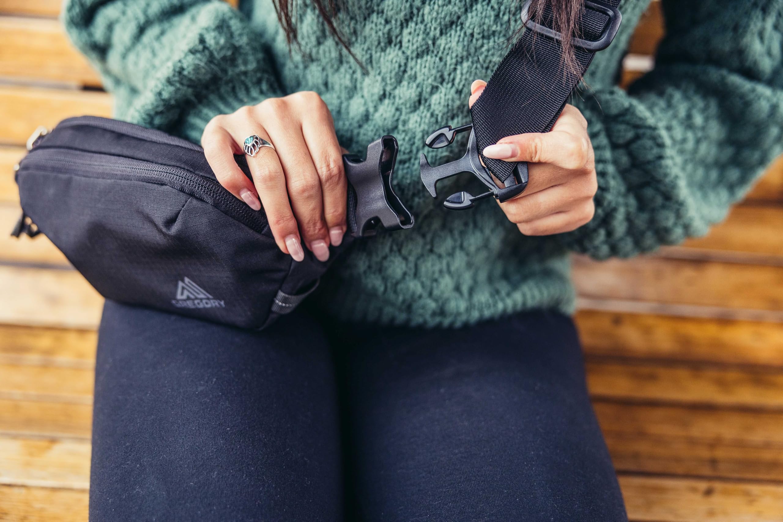 Gregory Rhune belt bag reflective loops enhance visibility at night.