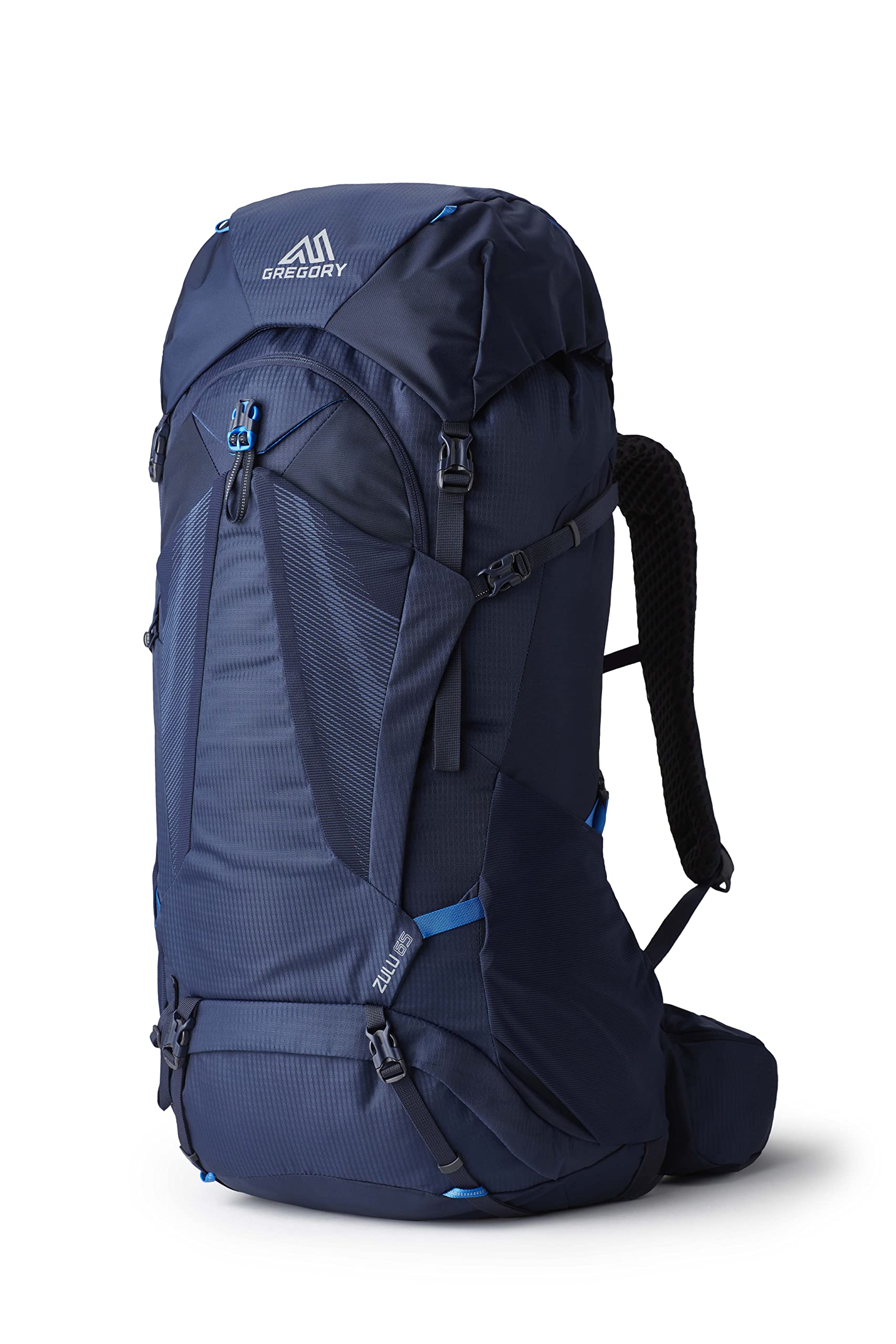 Gregory Zulu 65L front view showing ergonomic fit for all-day comfort.