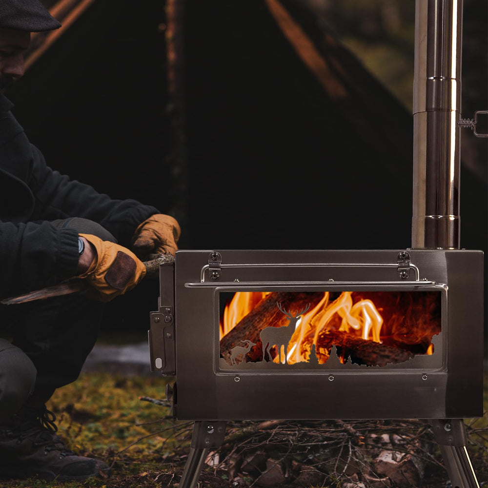Greyhoo outdoor wood stove foldable shelves and carry handle for transport.