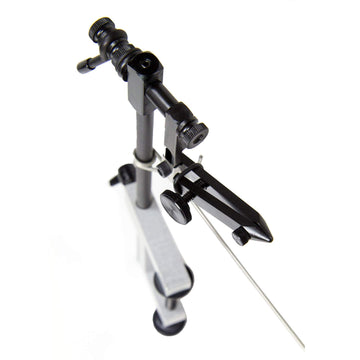 Griffin Odyssey Fly Tying Vise mounted with bobbin cradle, highlighting 360° rotation