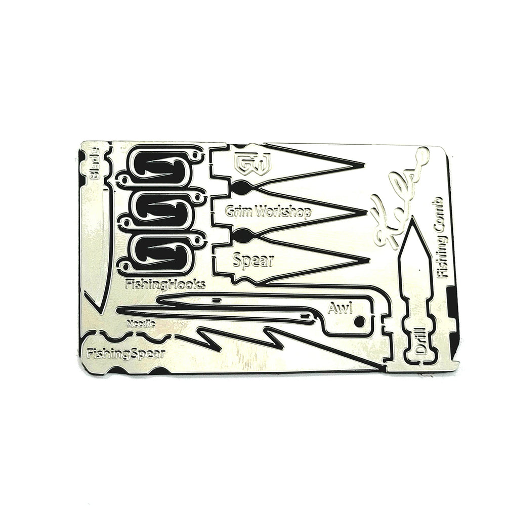 Grim Workshop Bushcraft Kelso card front view, compact survival tool in your wallet.