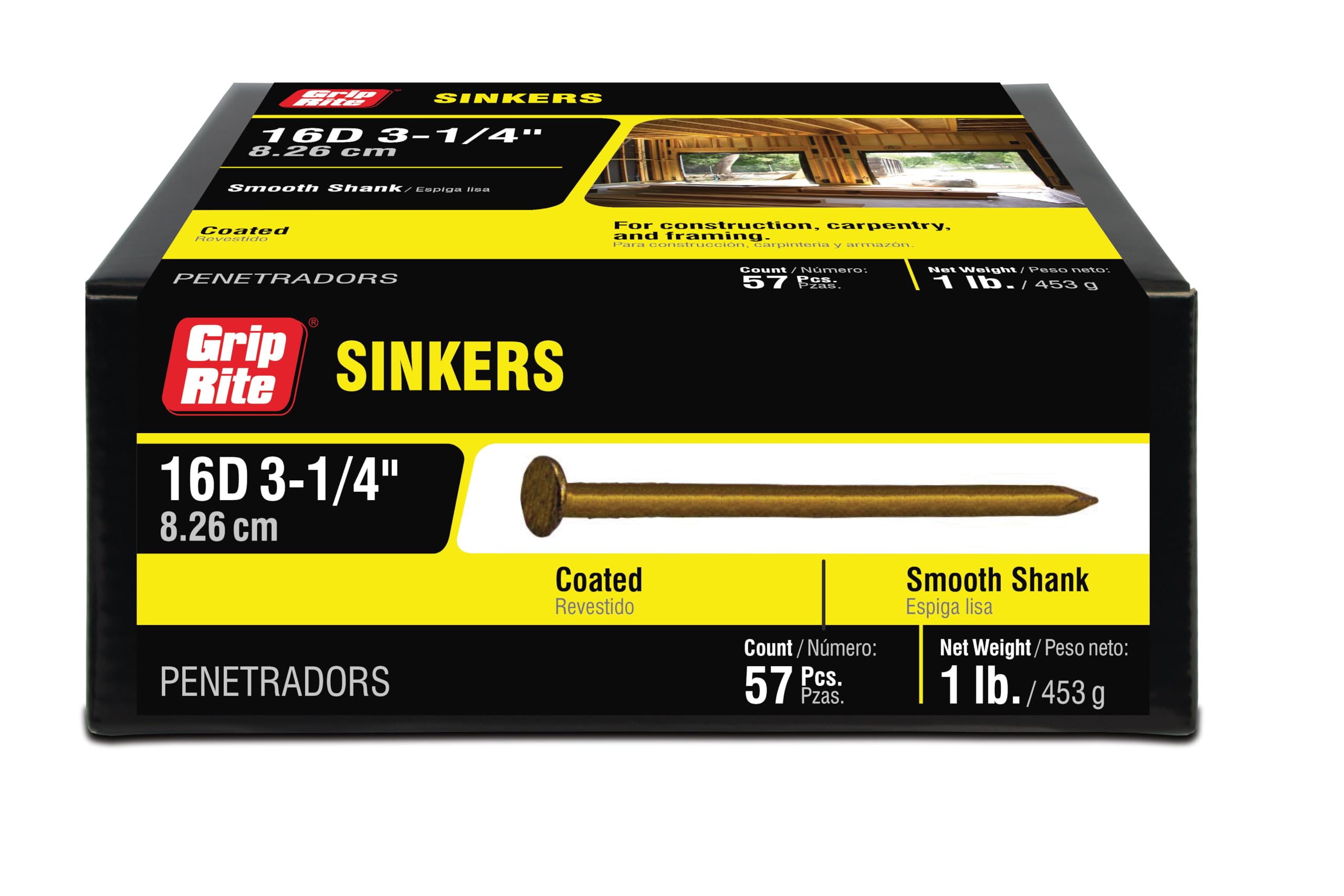 Grip-Rite 16D coated sinker with brite smooth shank for easy driving
