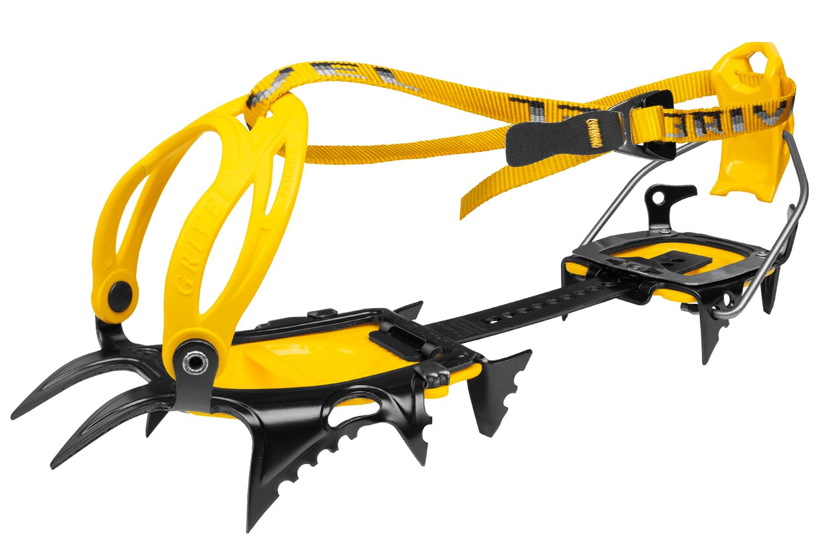 Grivel Air Tech 12-point crampons front view highlighting steel construction for stability.