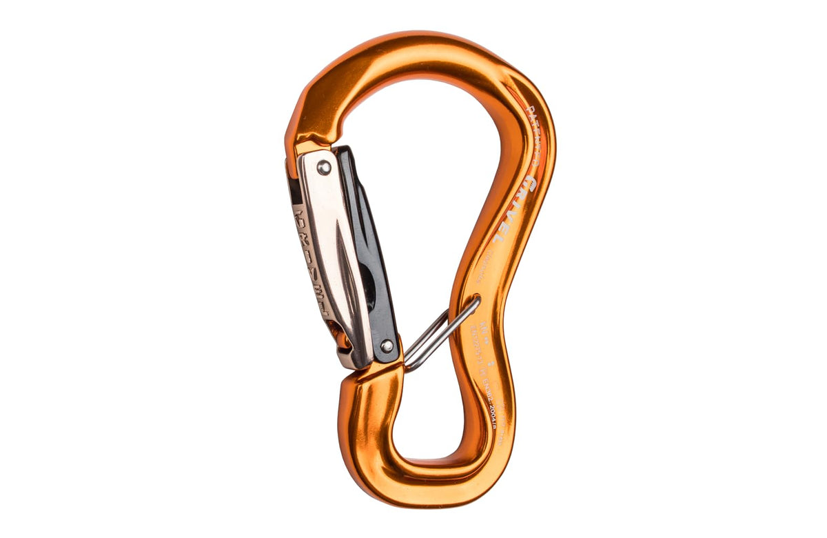 Grivel Clepsydra L2-0 Twin Gate carabiner with gold finish and smooth rope contact for easy clipping.
