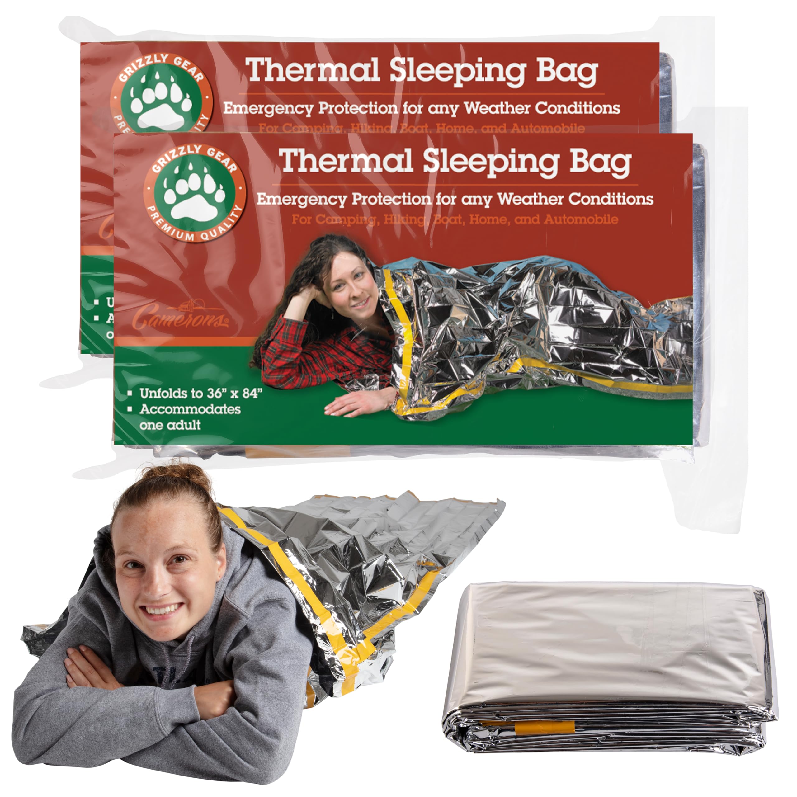 Grizzly Gear emergency thermal sleeping bag folded for compact carry and quick access.