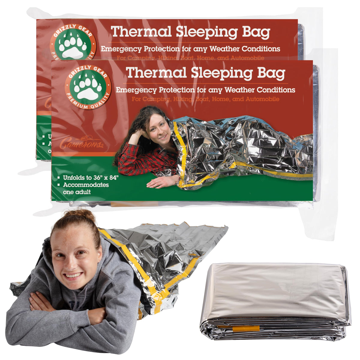 Grizzly Gear emergency thermal sleeping bag folded for compact carry and quick access.